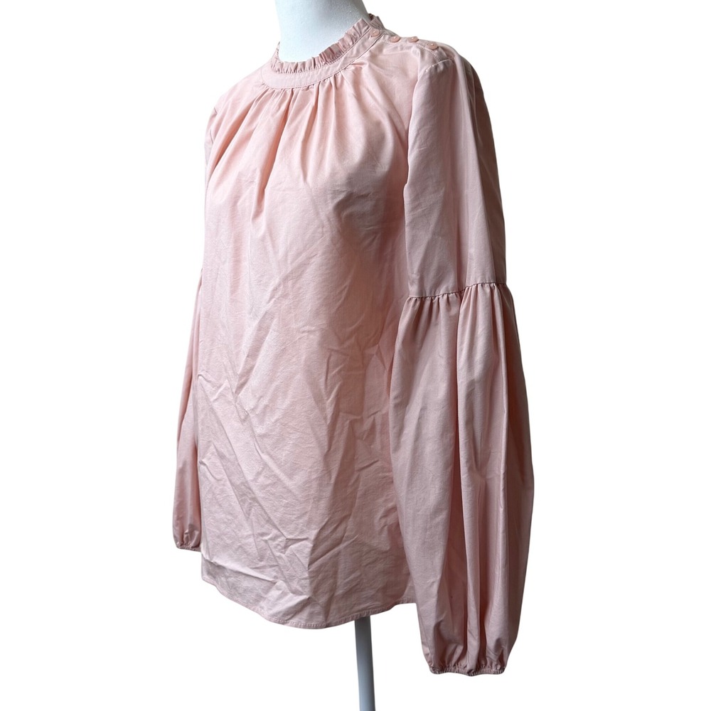Worthington Pink Ruffle Mock Neck Balloon Sleeve Blouse Womens Medium Poplin Top